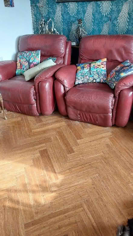 Photo of free Sofa and two chairs burgundy all recliners (Over Norton OX7) #2
