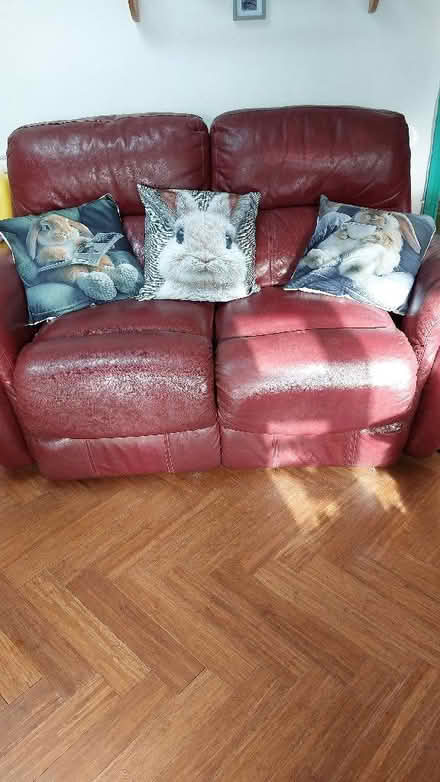 Photo of free Sofa and two chairs burgundy all recliners (Over Norton OX7) #1