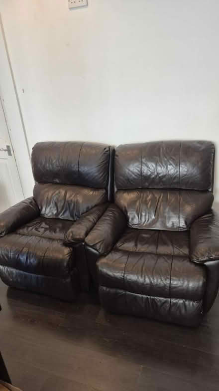 Photo of free 2 x Comfy Brown Leather Recliner Armchairs (Upper Holloway N19) #1