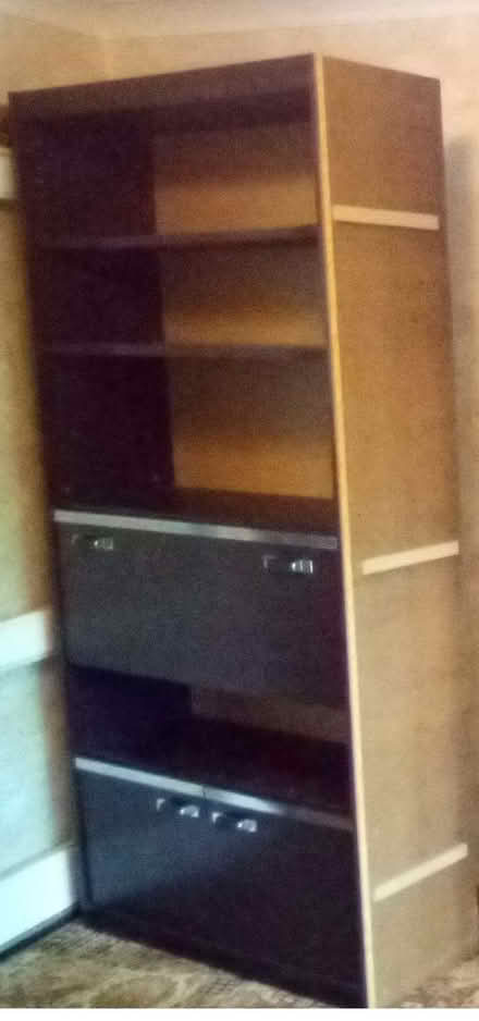 Photo of free Black Wood grained shelving unit with drop-down door (Hoddesdon EN11) #3