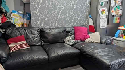 Photo of free Black leather corner sofa (Egerton Park CH42) #1