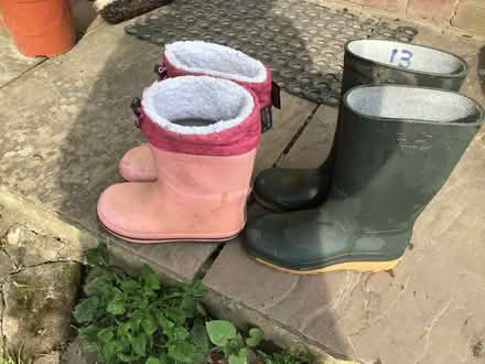 Photo of free Two pairs childrens wellies. size 12 and 13. (Yarpole HR6) #1