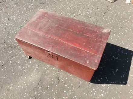Photo of free Ancient solid wood chest with hinged lid, on castors. (Barleybank G66) #1
