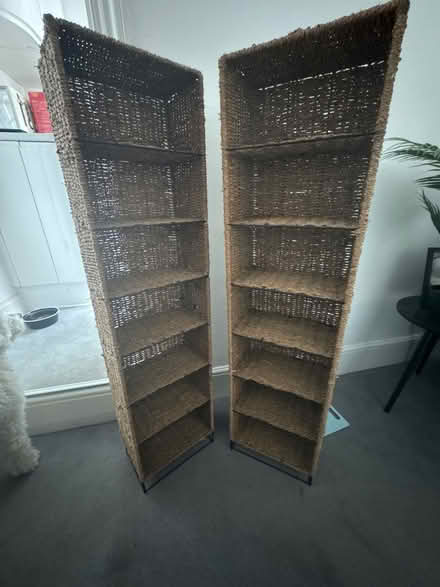 Photo of free Pair of DVD/CD wicker shelves (Halstead) #1