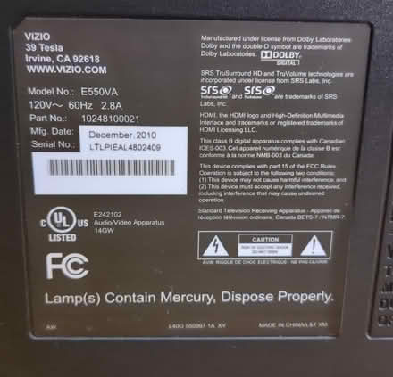 Photo of free Vizio E550VA 55" TV with Green Line (Almaden Valley) #2
