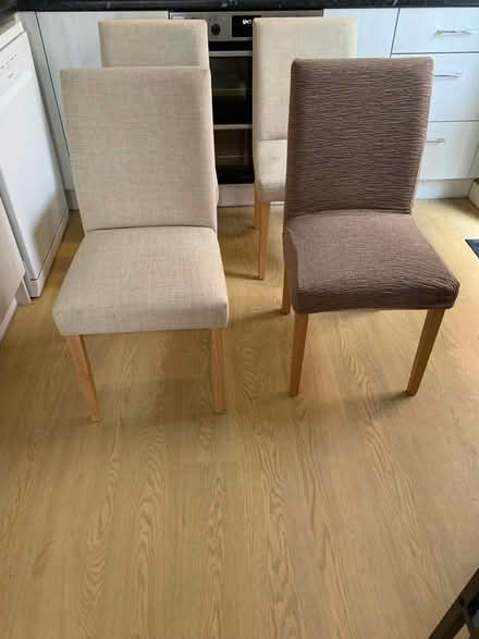 Photo of free 4 dining chairs + 8 stretchy covers, 4 patterned, 4 plain (Southport PR9) #2