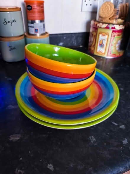 Photo of free 2 Rainbow Dinner Plates and 2 Bowls (WF12 ossett) #1