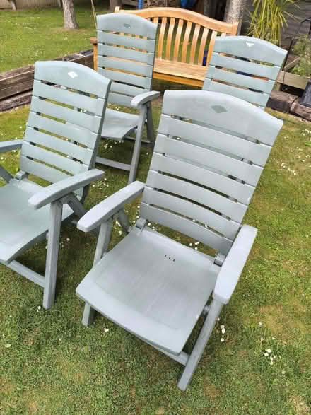 Photo of free Four Green plastic garden chairs (Reading RG2 (Shinfield Road)) #1
