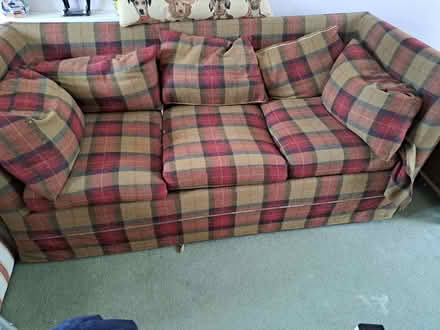 Photo of free 3 Sofas, 2 Are Matching Cream & The Red Sofa Has Matching Footstool (CT8) #1