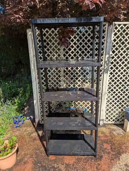 Photo of free Tall black plastic shelving unit for shed/garage (Harlaxton NG32) #1