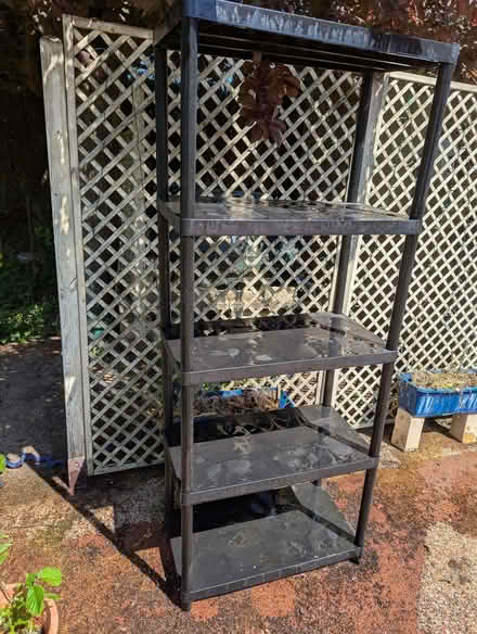 Photo of free Tall black plastic shelving unit for shed/garage (Harlaxton NG32) #2