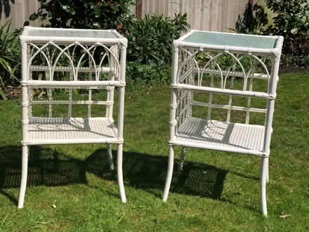 Photo of free Pair of white whicker bedside tables with glass tops (Canonbury N1) #1