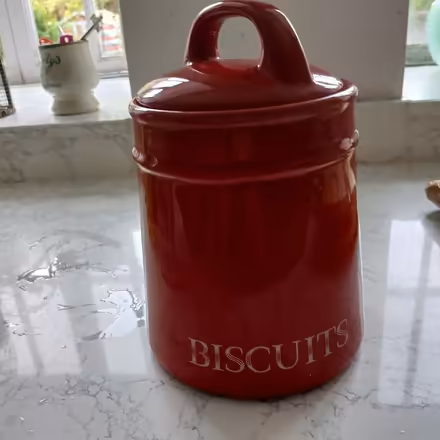 Photo of free Red ceramic biscuit barrel. (Bear Flat) #1