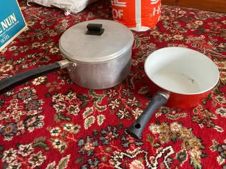 Photo of free 2 Pans aluminium and ceramic and ceramic bread bin (Stainton CA11) #1