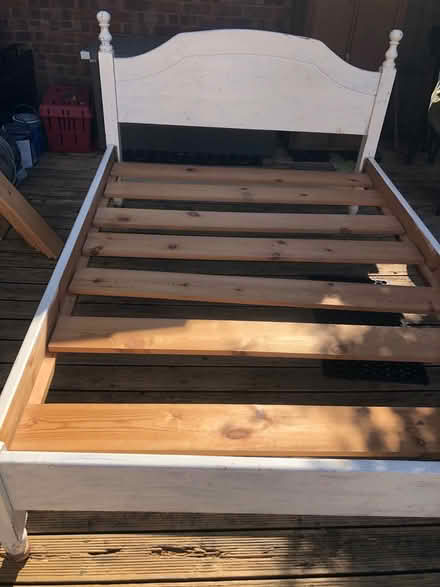 Photo of free Pine bed frame. Double. Detaches into 4 parts plus the slats (Ham TW10) #4