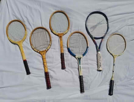 Photo of free 5 Vintage tennis racquets,1 badminton racquet. 3 presses. (Tolworth KT5) #2