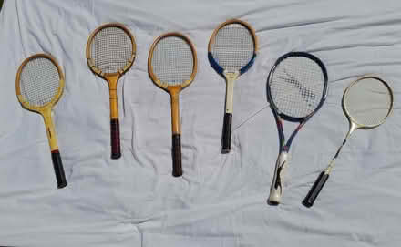 Photo of free 5 Vintage tennis racquets,1 badminton racquet. 3 presses. (Tolworth KT5) #1