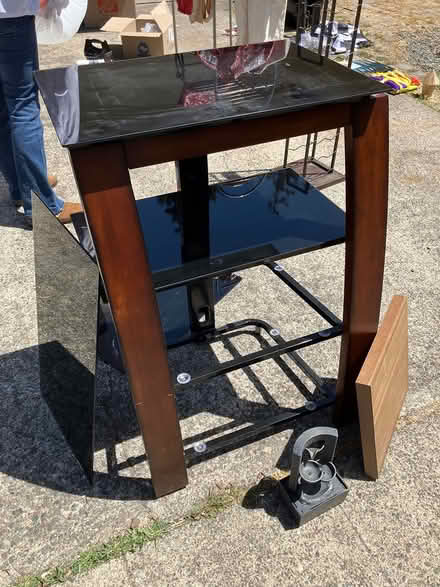 Photo of free 4 glass shelves on wood/metal base (West End of San Rafael) #1