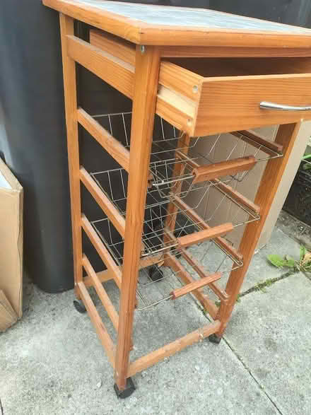 Photo of free Wooden Tile-top Kitchen Vegetable Storage on Wheels (Huyton L36) #1