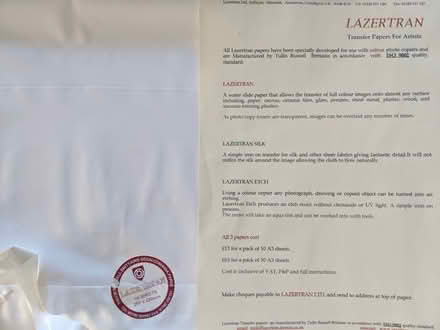 Photo of free Lazertran Artist transfer paper (Finchampstead RG40) #1