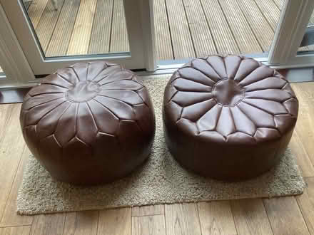 Photo of free Two brown faux leather pouffes / footstools (Lostock Hall PR5) #1