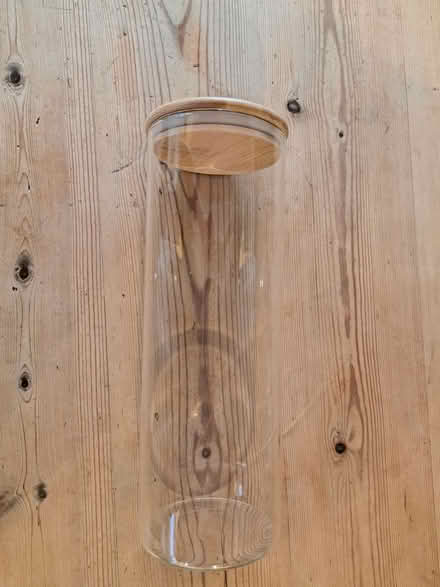 Photo of free tall glass container with sealing bamboo lid (Woodingdean BN2) #1