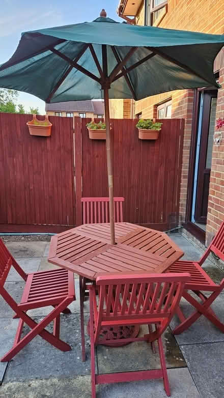 Photo of free Woodeb garden table, 4 chairs, parasol & stand (West Totton SO40) #1