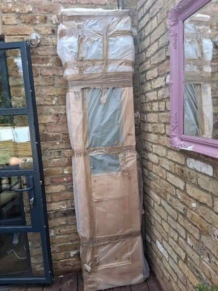 Photo of free 4 wooden half-glazed doors 220cm x 50cm (Stroud Green N4) #1