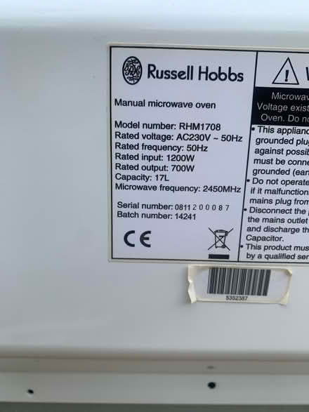 Photo of free Russell Hobbs microwave oven (GU12) #4