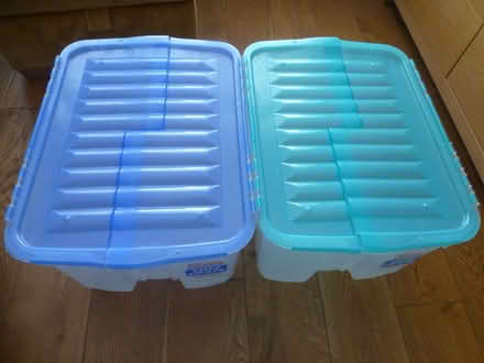 Photo of free 2 used Tuff Crate plastic stackable storage boxes (Chiswell Green AL2) #1