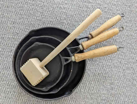 Photo of free Cast iron frying pans and wooden meat tenderiser (Mudeford BH23) #1