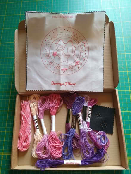 Photo of free Pink and purple embroidery threads, needles, practice fabric (West Croydon CR0) #1