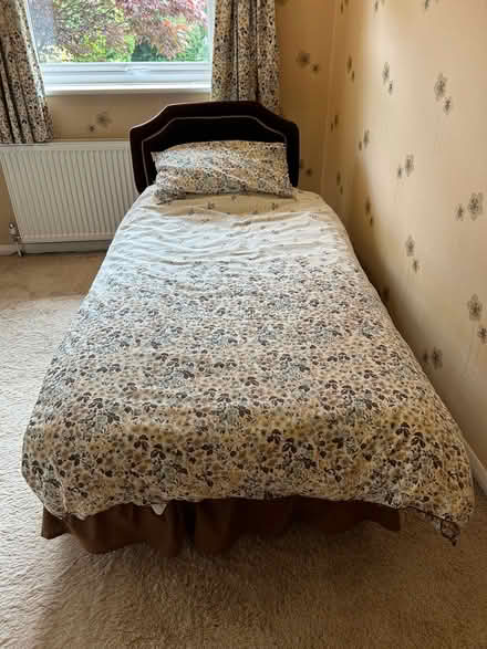 Photo of free 3 foot bed and mattress with brown velour headrest (Bramhall SK7) #1