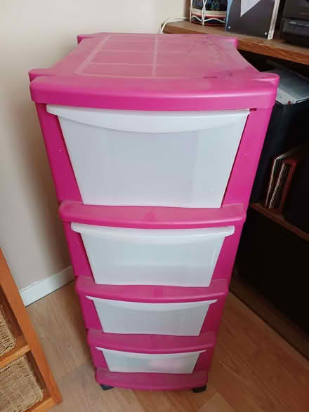 Photo of free 4 drawer white & pink plastic storage unit on wheels (Chatham ME5) #1