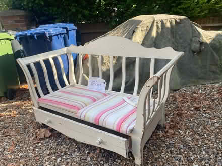 Photo of free Vintage Wooden settee with 2 seat pads and drawer under (Ealing W5) #1