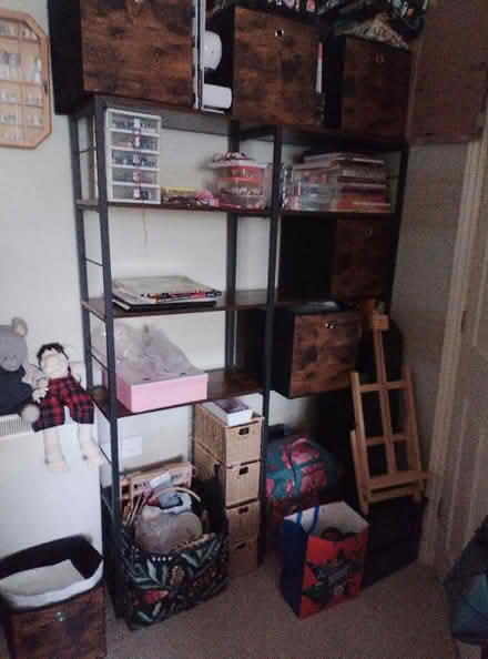 Photo of free Tall metal framed wooden shelf unit (Barnham) #1