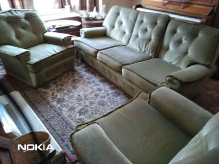 Photo of free 3 piece suite, reversible cushions, no fire label (Little Herberts GL53) #1