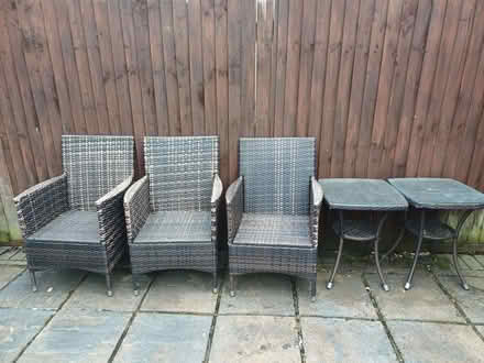 Photo of free Garden Furniture - 3 plastic rattan chairs, 2 side tables (Moor Park HA6) #1