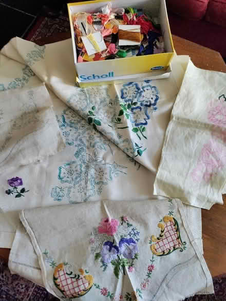 Photo of free Partially embroidered tablecloth and embroidery dilks (Westbury Leigh BA13) #1