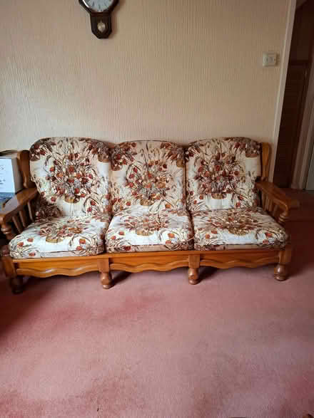 Photo of free Wooden frame sofa and two chairs (Plymouth PL5 3EA) #1
