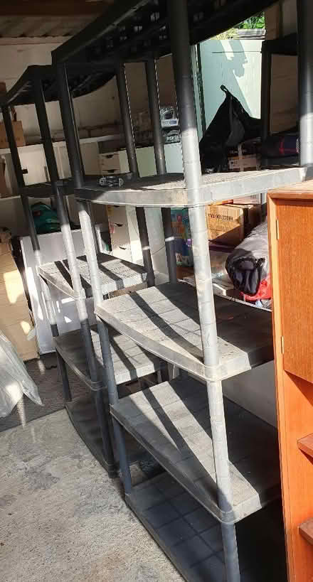 Photo of free 3 x plastic shelving units, 2 x 5 shelves, 1 x 4 shelves. (Troy Town ME1) #1