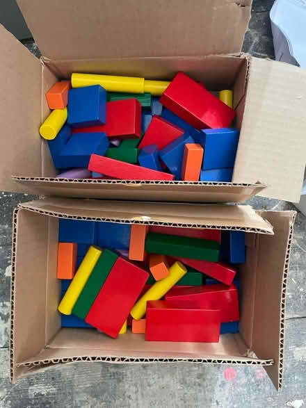 Photo of free Two boxes of mixed colour/sized wooden blocks (Morecambe LA4) #1