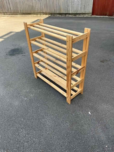 Photo of free Wooden freestanding shelf unit (Harlow Fields DE22) #1