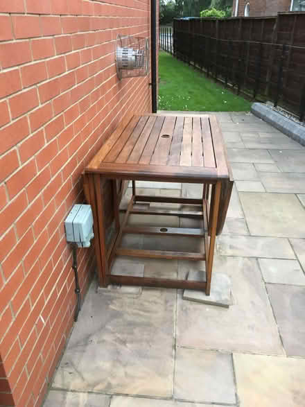 Photo of free external hardwood table with 6 chairs and umbrella (Scunthorpe DN15) #4