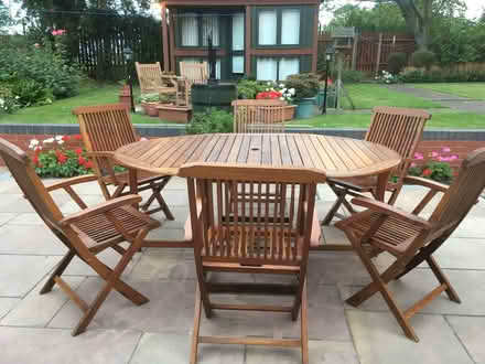 Photo of free external hardwood table with 6 chairs and umbrella (Scunthorpe DN15) #3
