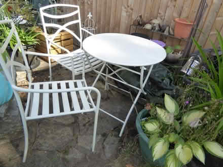 Photo of free White painted metal garden chairs with folding table (Starbeck HG2) #1