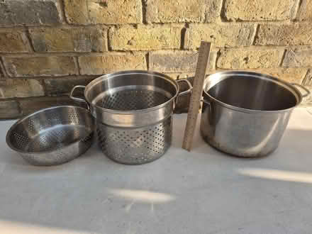 Photo of free Large saucepan for pasta with 2 sieves. 25cm wide 16cm high (Eton SL4) #1