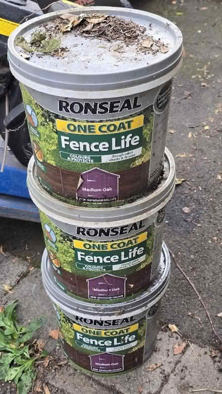 Photo of free Three tubs of Medium Oak fence paint (Morley DE21) #1