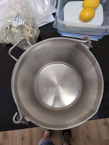 Photo of free A stainless steel preserving pan and some 63mm jam jar lids (Aston SG2) #2
