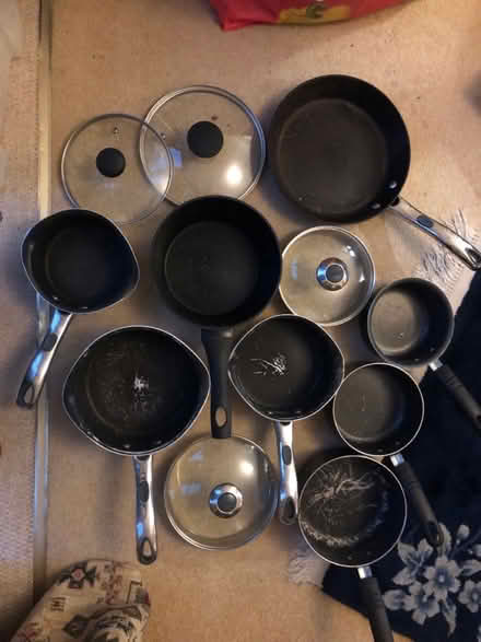 Photo of free Collection of old pans with lids (Clifton Reynes) #1